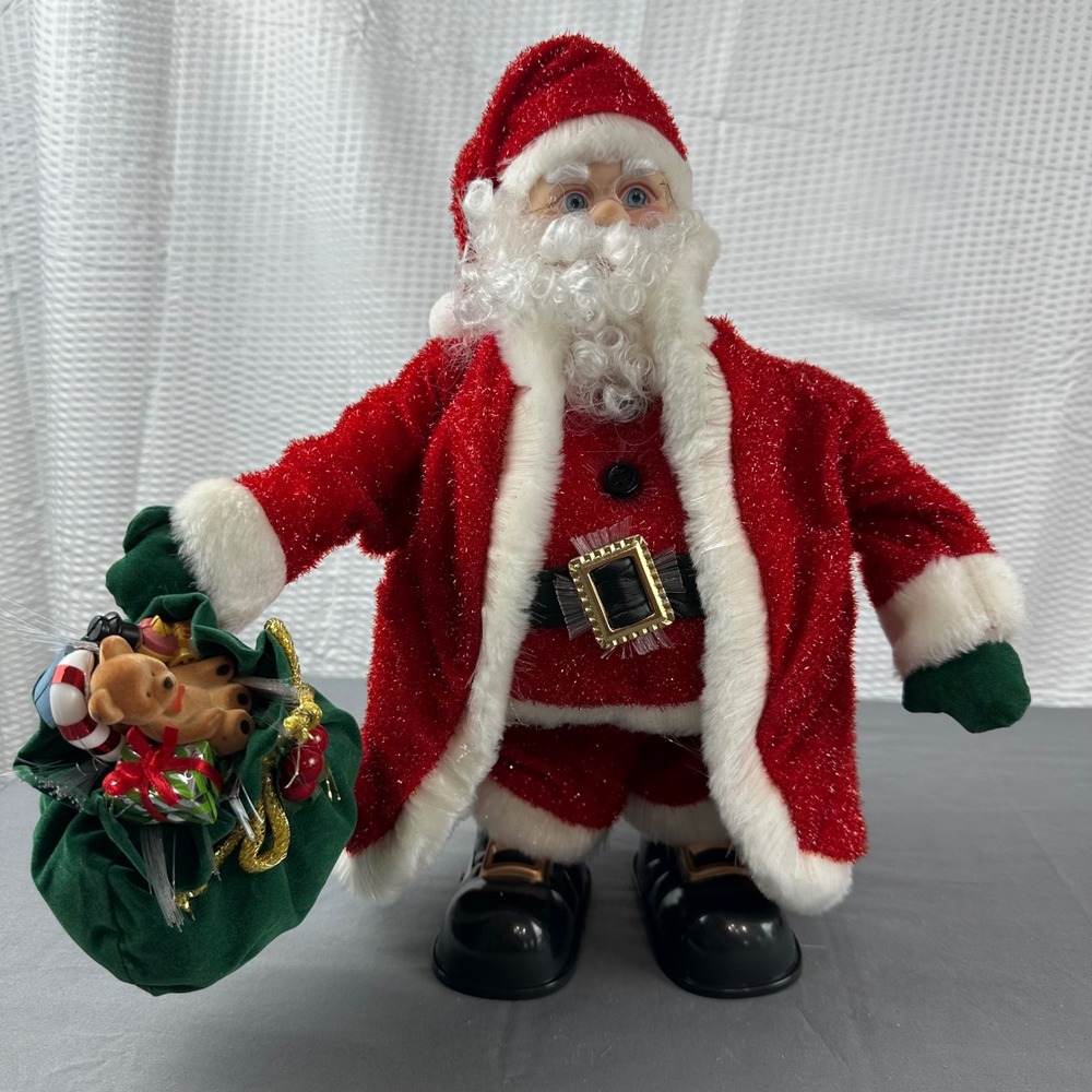 Fiber Optic Santa 14" W/Toy Bag Lights Up Multi Color Plays Christmas Songs NOS